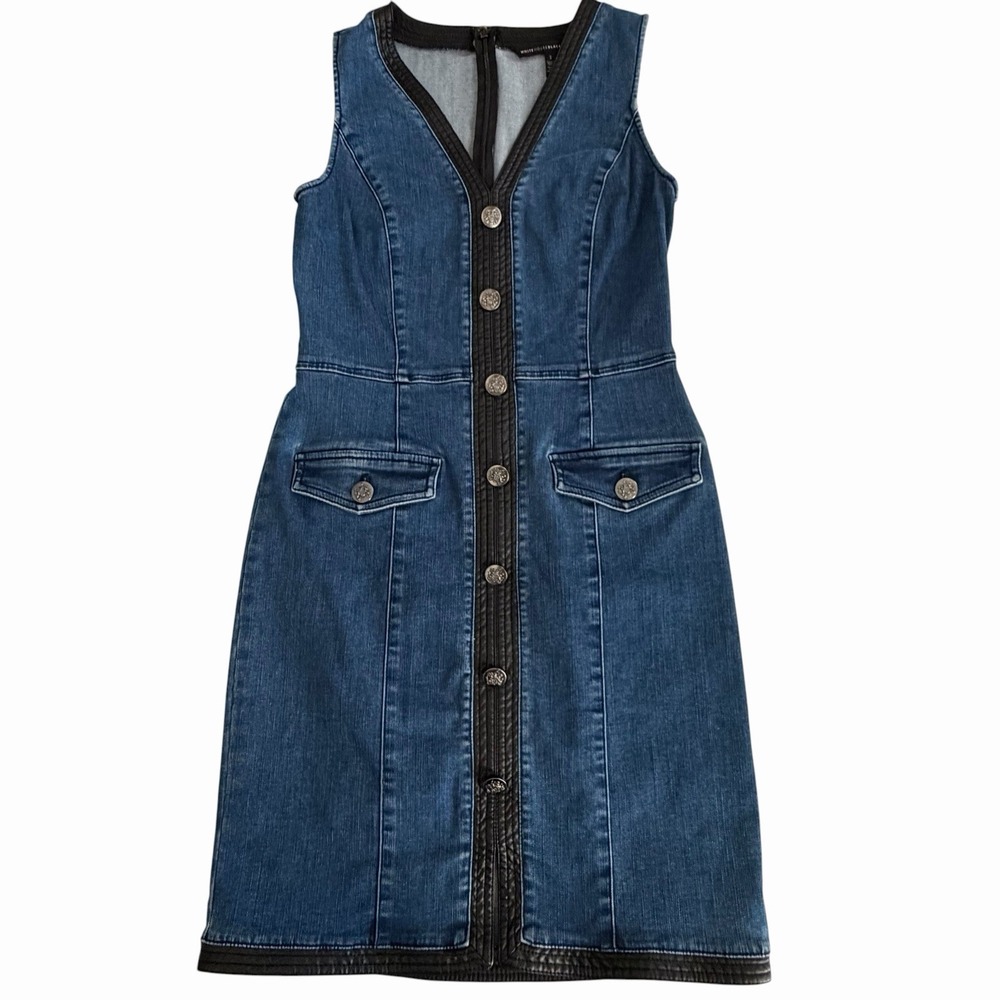 White House Black Market Blue Denim Leather Trim Dress 2 • Office Workwear WHBM